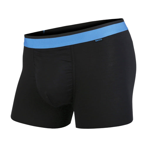 Men's classic trunks / hipsters in black/blue with built in 3D supporting pouch by BN3TH, front.
