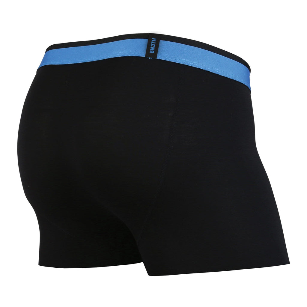 Men's classic trunks / hipsters black/blue with built in 3D supporting pouch by BN3TH, back.