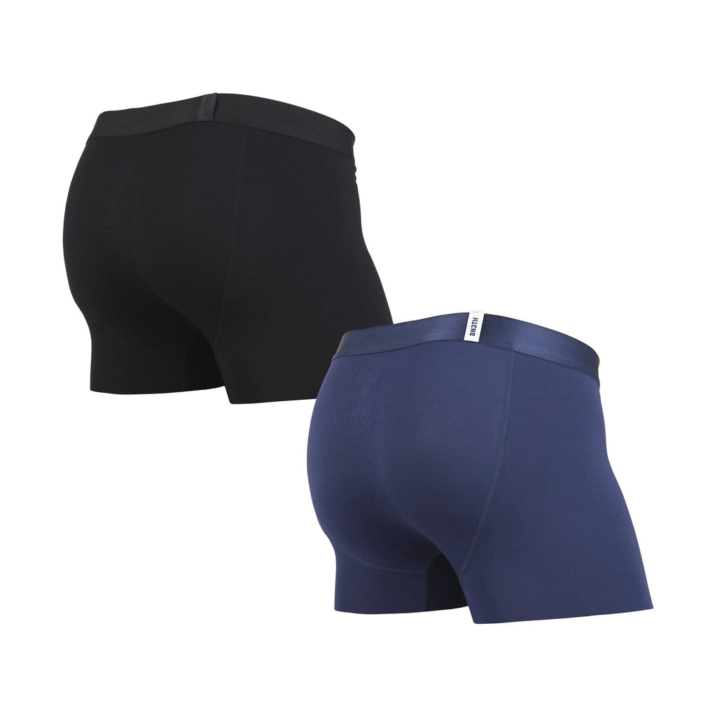 Men's classic trunks / hipsters 2-pack in black/navy with built in 3D supporting pouch by BN3TH, back.